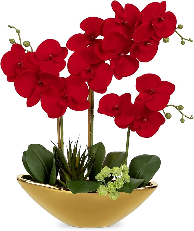 Briful Orchid Artificial Flowers 17in Red Fake Orchid Silk Flowers in Gold by Briful
