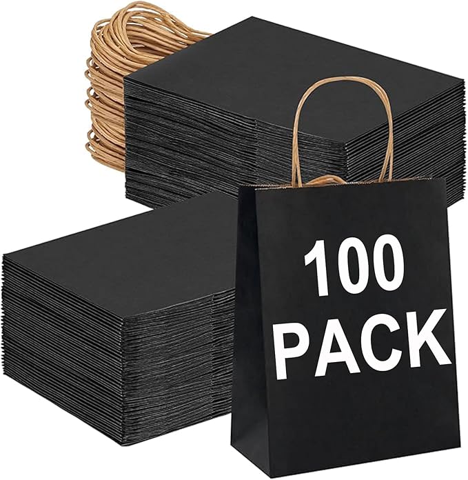100 Pack Medium 5.9x3.1x8.25Inch Black Kraft Paper Gift Bags by BAGBOX