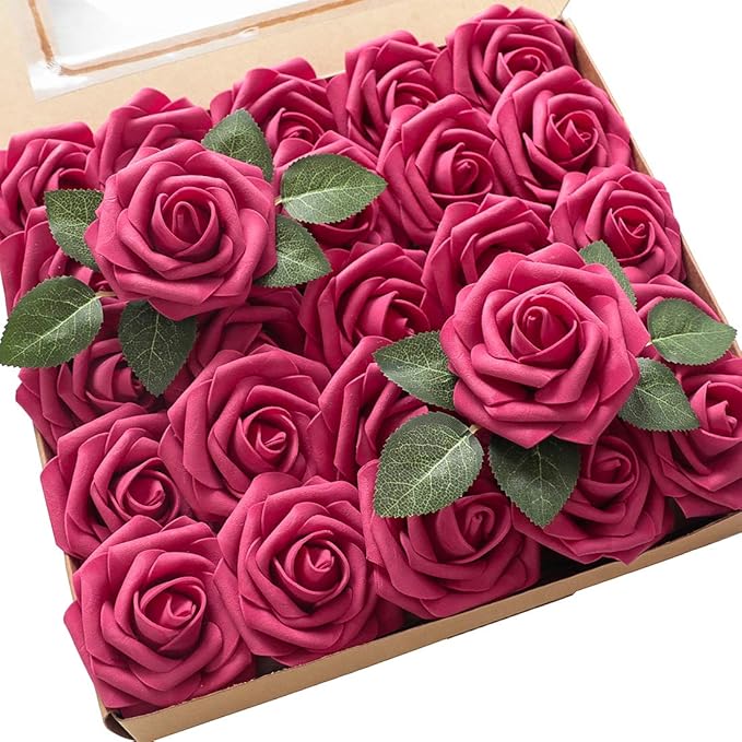 Floroom Artificial Flowers 25pcs Real Looking Fuchsia Foam Fake Roses by Floroom