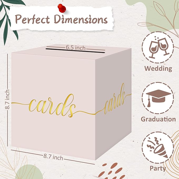 QIKSION Blush Pink Wedding Card Box, Rose Gold Foil Gift Card Box - Image 4