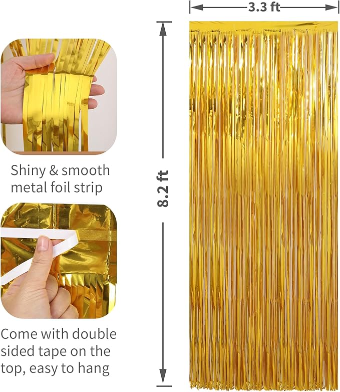 2 Pack Gold Foil Fringe Curtains Streamers Party Decorations 3.3 x 8.2 ft - Image 2