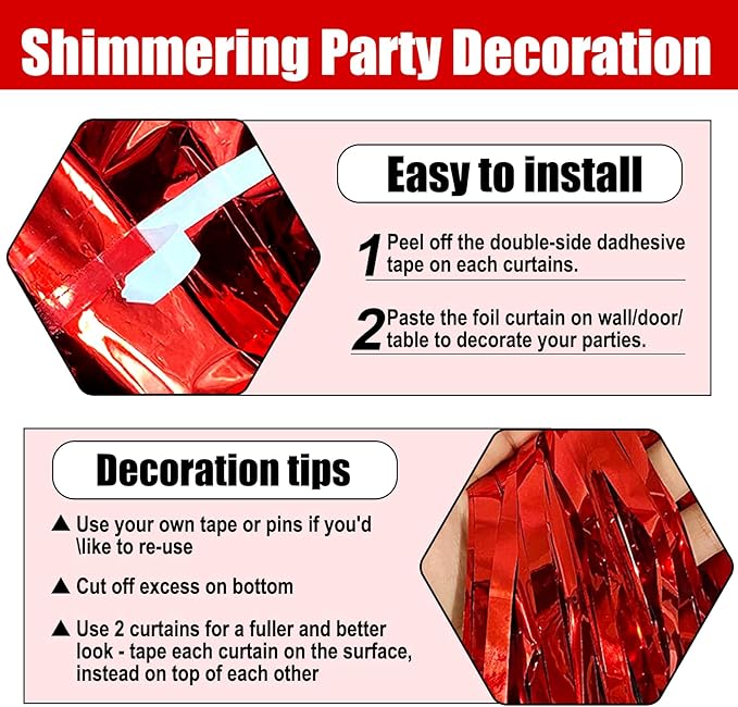 3 Pack Red Foil Fringe Curtain Backdrop, 3.28Ft x 8.2Ft Metallic Tinsel Foil - Image 3