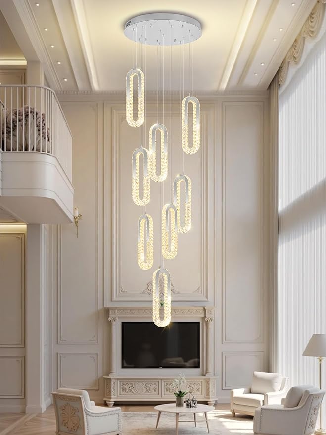 8 Rings Crystal Chandelier, H 118" Modern Silver Pendant Light Luxury Foyer by Ykolupty