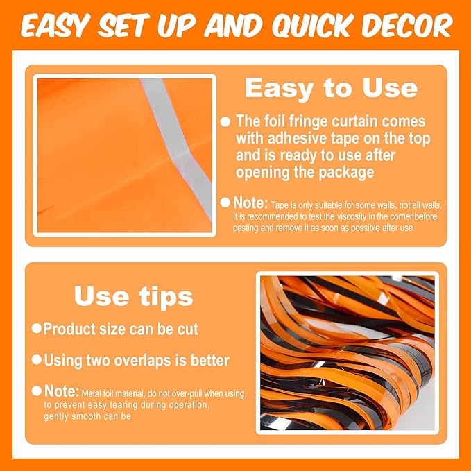 3 Pack Black Orange Foil Fringe Curtains Backdrop, 3.28 x 9.8 Ft Metallic - Image 3