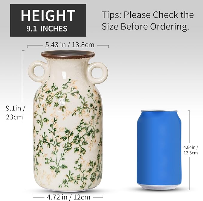 Vintage Pastoral Vase with Handles, Rustic Farmhouse Vases Chinoiserie Floral - Image 3
