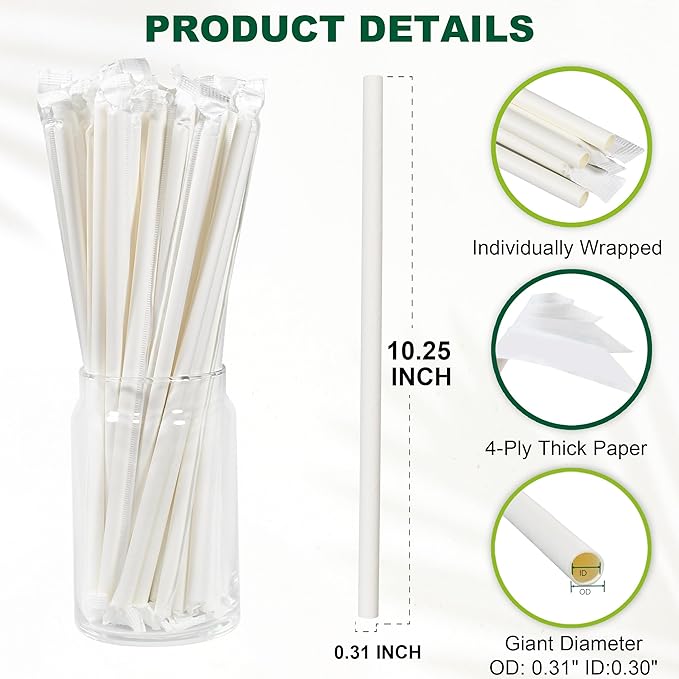 10.25" Disposable Paper Drinking Straws Individually Wrapped, 0.31" Dia. - Image 2