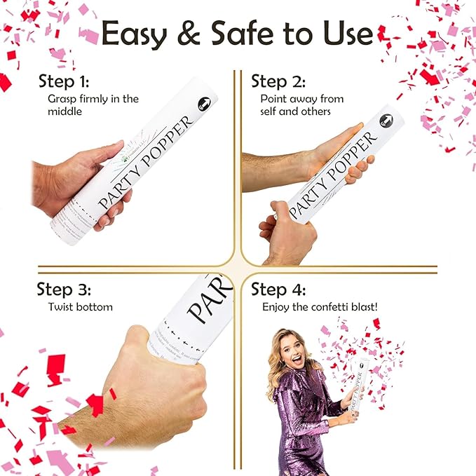 Clover Products 12" Biodegradable Confetti Cannons | 6 Pack | Red & Pink Poppers - Image 4