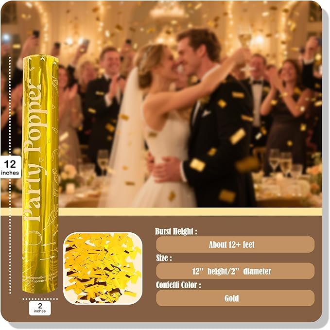 Confetti Cannons Gold | 5-Pack 12-Inch Party Poppers - Image 2