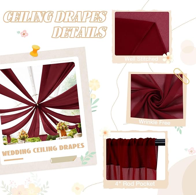FUHSY Wedding Ceiling Drapes Burgundy Draping Fabric - Image 3