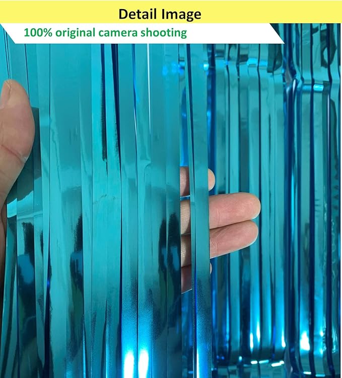 Light Blue Fringe Backdrop Party Decorations, 2 Pack Teal Tinsel Foil Fringe - Image 3