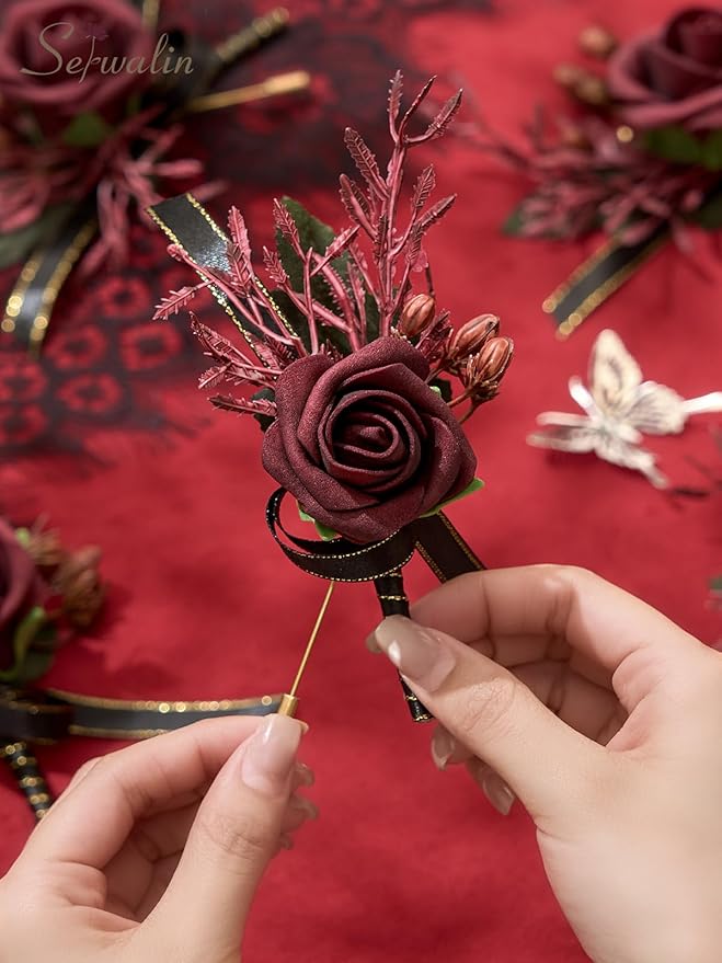 Serwalin 10Pcs Boutonniere for Men, Burgundy Groom and Best Man Boutonniere - Image 2