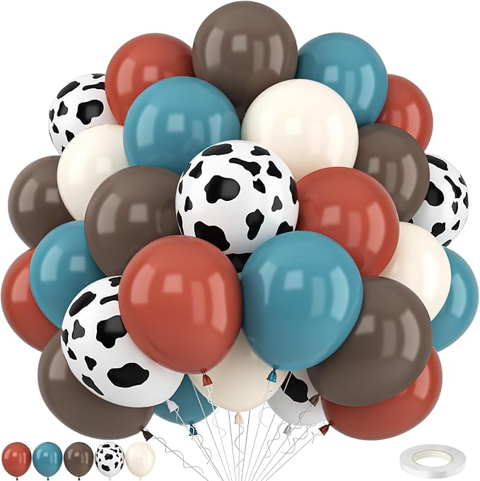 Cowboy Western Balloons, 12inch Cow Print Retro Coffee Brown Slate Dusty Blue by Togvu
