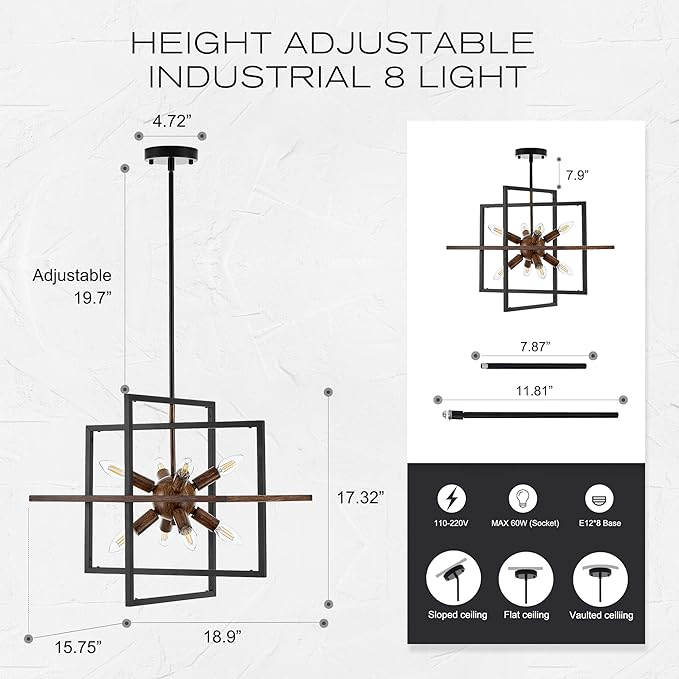 8-Light Wood Grain and Vintage Black Sputnik Chandelier, 18.9'' Industrial - Image 3