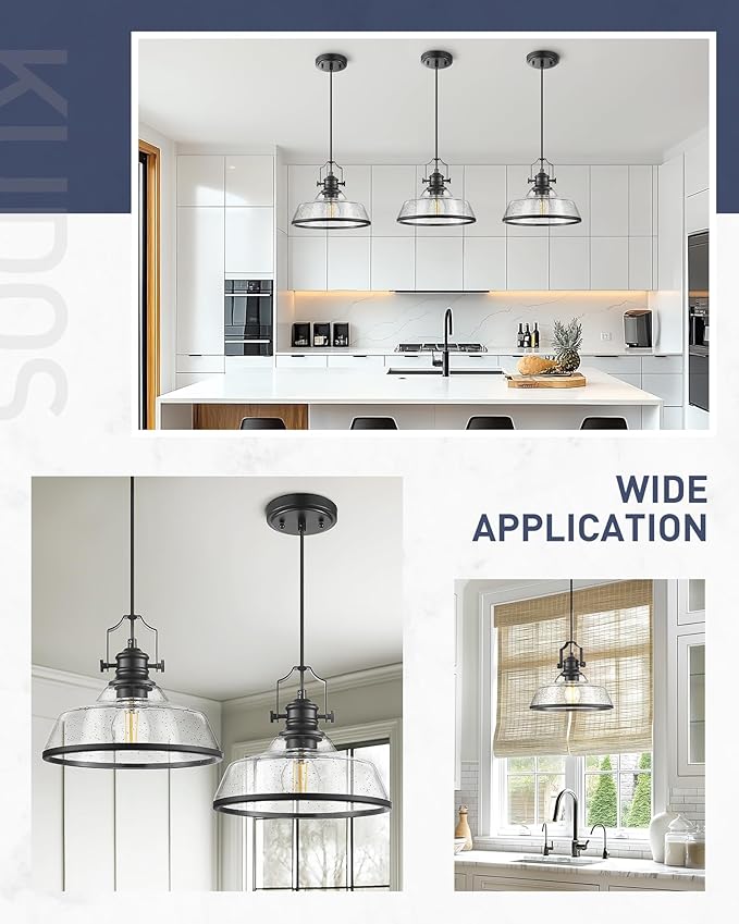 kudos Seeded Glass Pendant Light Kitchen Island, Adjustable Cord, KDPL13-BK-S - Image 7
