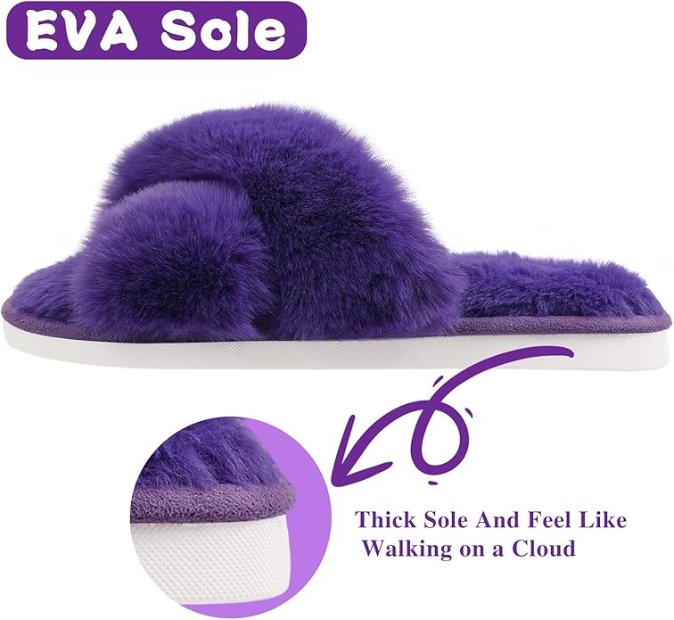 Evshine Women's Fuzzy Slippers Cross Band Memory Foam House Slippers Open Toe - Image 5