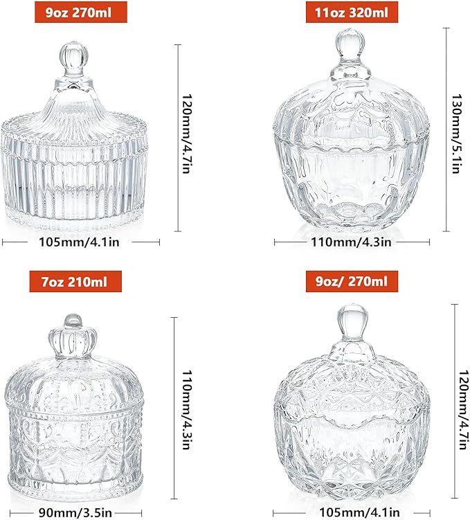 INFTYLE Glass Candy Dish with Lid Set of 4 Crystal Glass Candy Jar Jewelry Box - Image 2