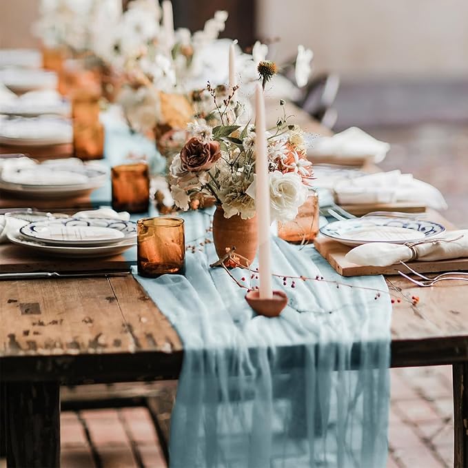 Hahuho Dusty Blue Cheesecloth Table Runner 10ft, Gauze Boho Rustic Table Runners - Image 6