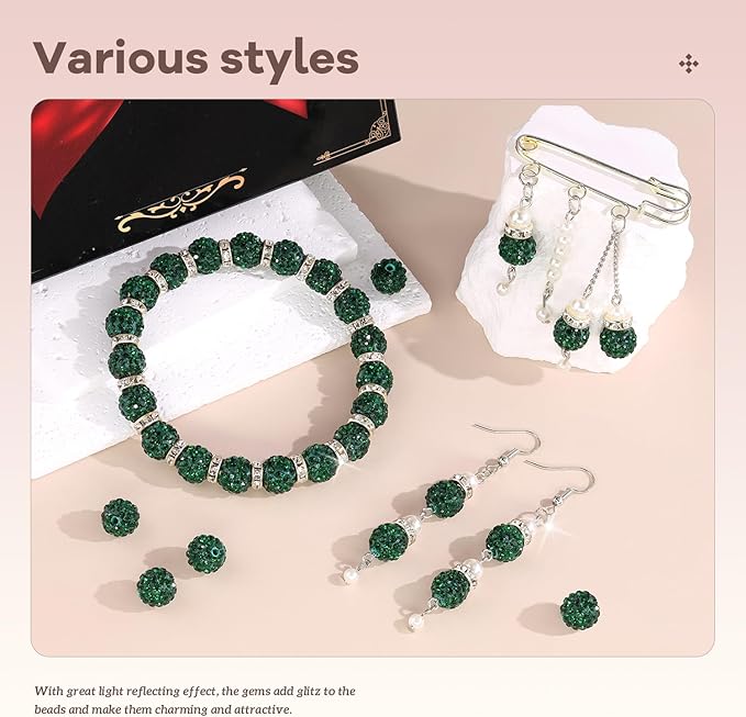 105pcs 10mm Rhinestone Beads for Jewelry Making, Dark Green Shiny Round Disco - Image 2