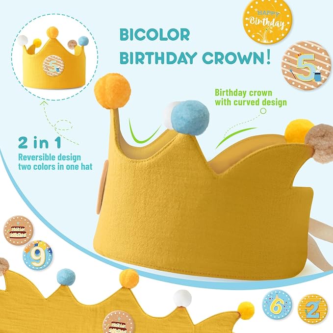 Reusable Birthday Crown with Numbers, Kids Birthday Hat Fabric Crown Pertain - Image 2