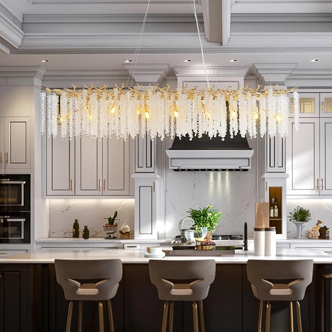 YUYI Gold Crystal Chandelier, Modern 60" Rectangular Chandeliers - Image 3