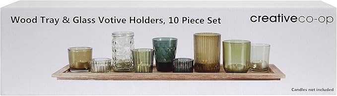 Creative Co-Op Wood Tray with 9 Green Glass Votive Holders - Image 8