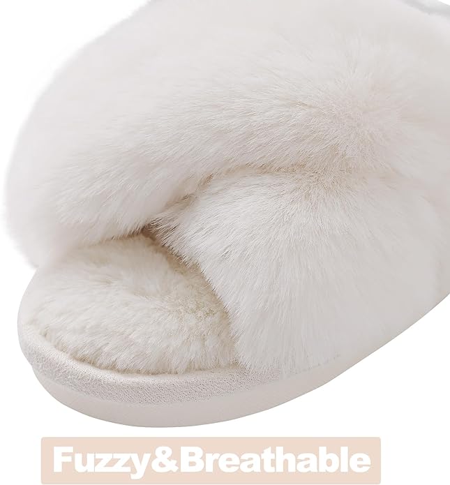 Evshine Women's Fuzzy Slippers Cross Band Memory Foam House Slippers Open Toe - Image 3