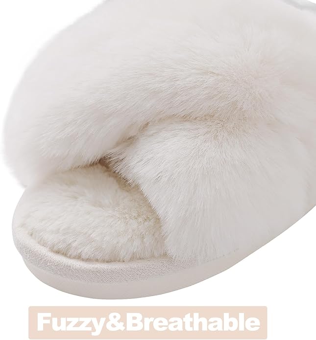Evshine Women's Fuzzy Slippers Cross Band Memory Foam House Slippers Open Toe - Image 3
