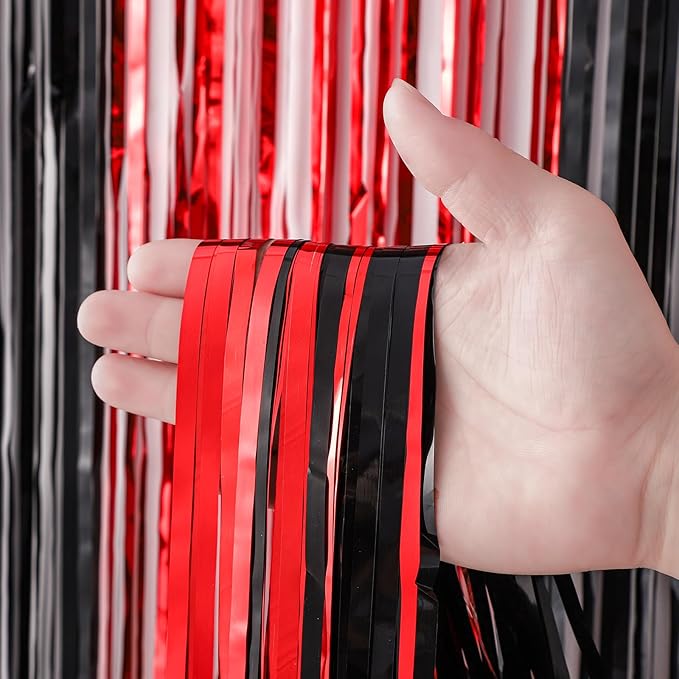 2 Pack 3.3x8.2 Feet Red and Black Foil Fringe Backdrop Curtains, Tinsel - Image 2