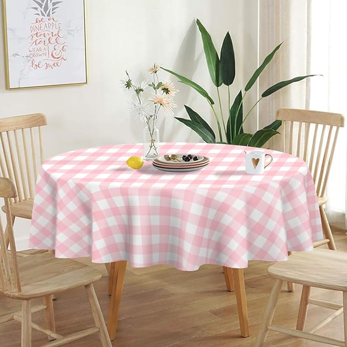 QIKSION Pink Gingham Round Tablecloth 2 Pack, 84 Inch Plastic Checkered Table - Image 2