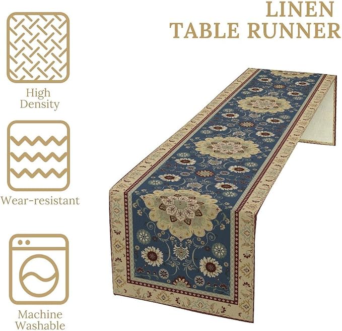 Vintage Boho Floral Table Runner, Elegant Rustic Country Farmhouse Blue Yellow - Image 5
