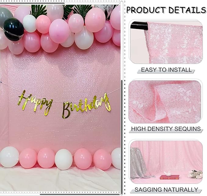 Pink Sequin Backdrop 10FTx10FT 1 Panel Sequin Wall Backdrop Curtain Glitter - Image 3