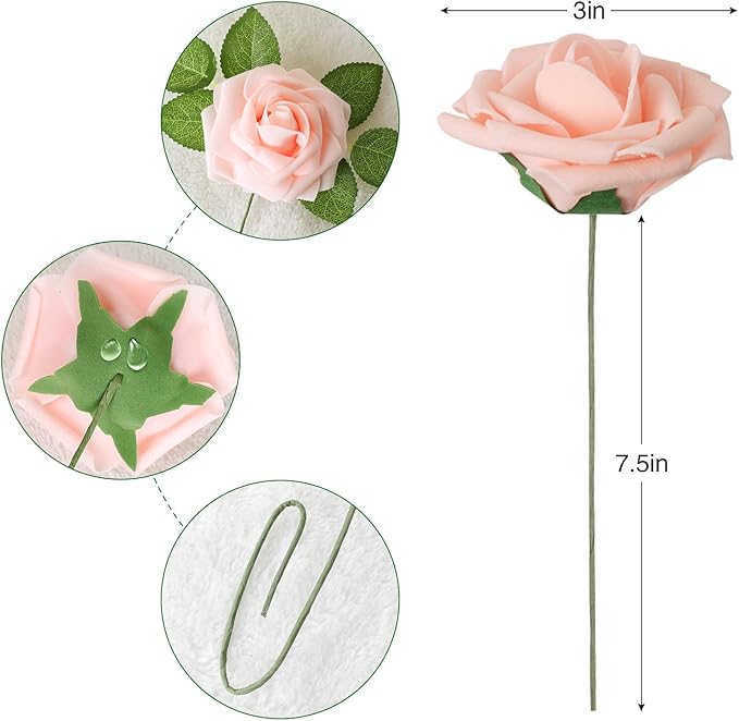 AmyHomie Artificial Flower Blush Pink Rose 50pcs Real Looking Fake Roses w/Stem - Image 2