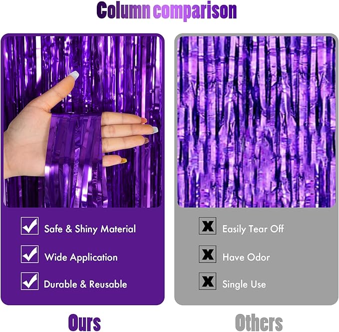 CANREVEL 2 Pack 3.3x8.2 Feet Purple Foil Fringe Backdrop Curtains, Tinsel - Image 2