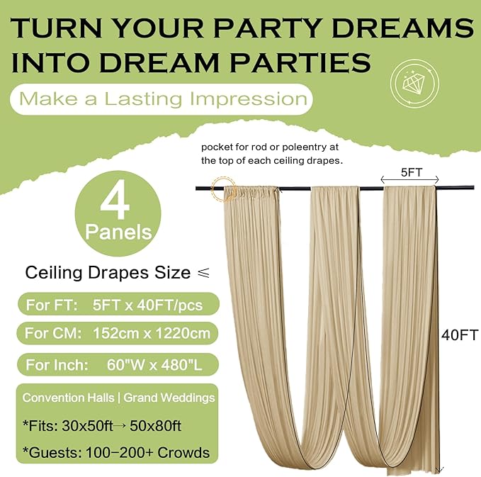 PartyVillage 20ftx40ft Beige Ceiling Curtain - Image 6