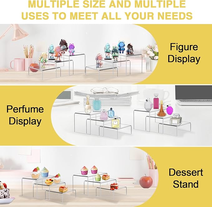 6 Pcs Acrylic Display Risers, 2 Sets Small Size Clear Shelf Riser, 0.15" Thick - Image 4