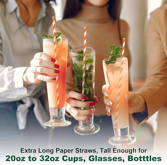 Orange Striped Paper Drinking Straws, 10.25 Inch Long, Halloween Party - Image 7