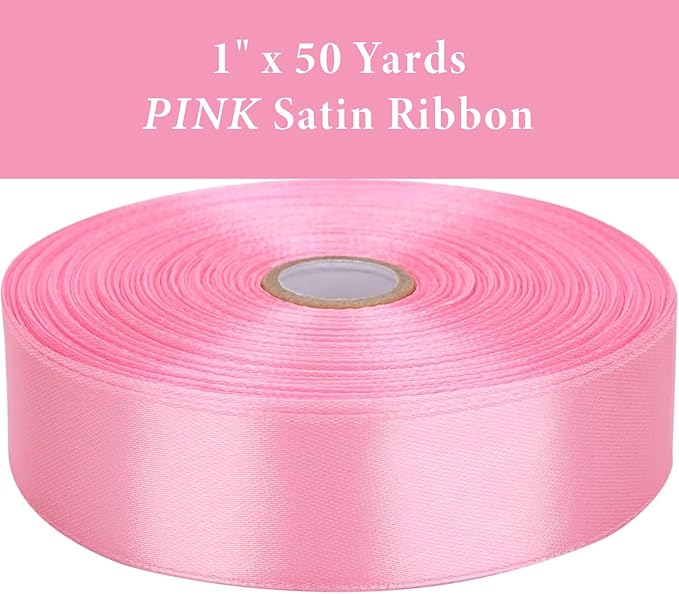 1" x 50 Yards Pink Satin Ribbon Single Faced Fabric Ribbons - Image 2