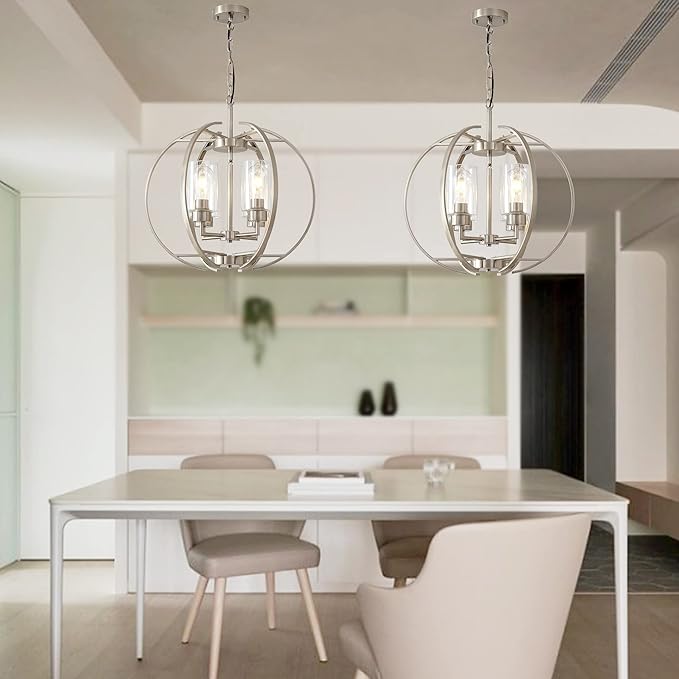 Large Lantern Globe Brushed Nickel Chandelier Lighting, Adjustable Hanging - Image 7