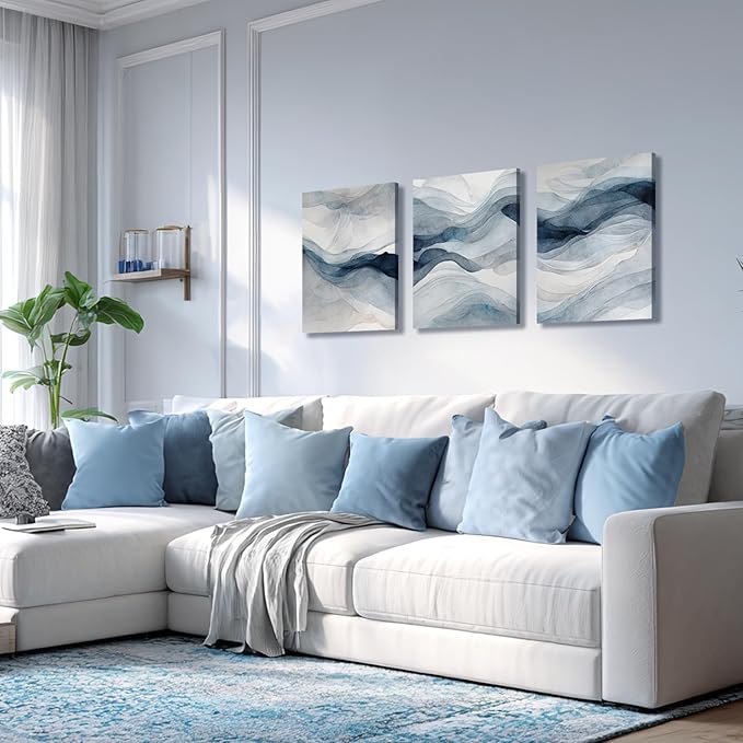IAFWZX Framed Blue Gray Abstract Wall Art, Modern Minimalist Waves Wall Decor - Image 3