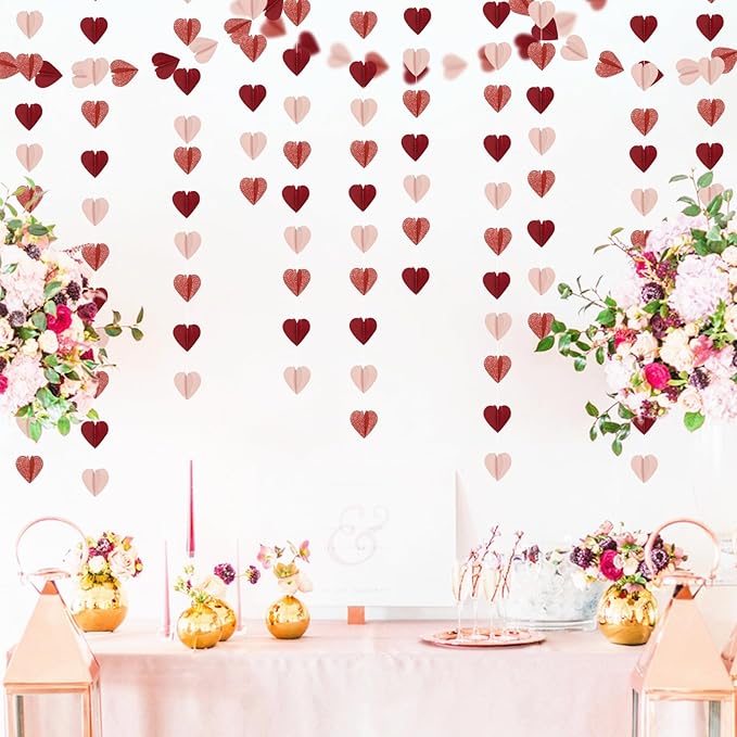 Rose-Gold Pink Burgundy-Red 3D-Heart Garland - 39Ft Party Decorations Hanging - Image 5