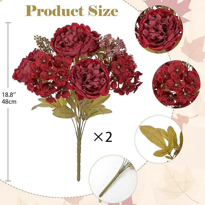 Hollyone 2 Bundles Artificial Fall Flowers Bouquet 18.8" Red Peony Hydrangea - Image 2