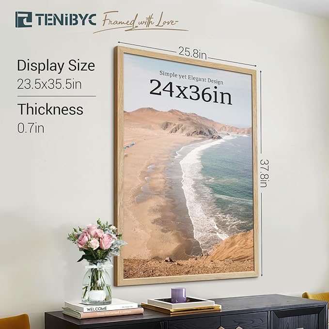 24x36 Poster Frame 4 Pack, Natural Solid Wood Picture Frame, Wall Gallery Frame - Image 2