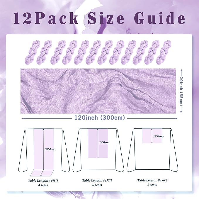 12 Pack Lilac Cheesecloth Table Runner 10FT Rustic Gauze Cheese Cloth Table - Image 2