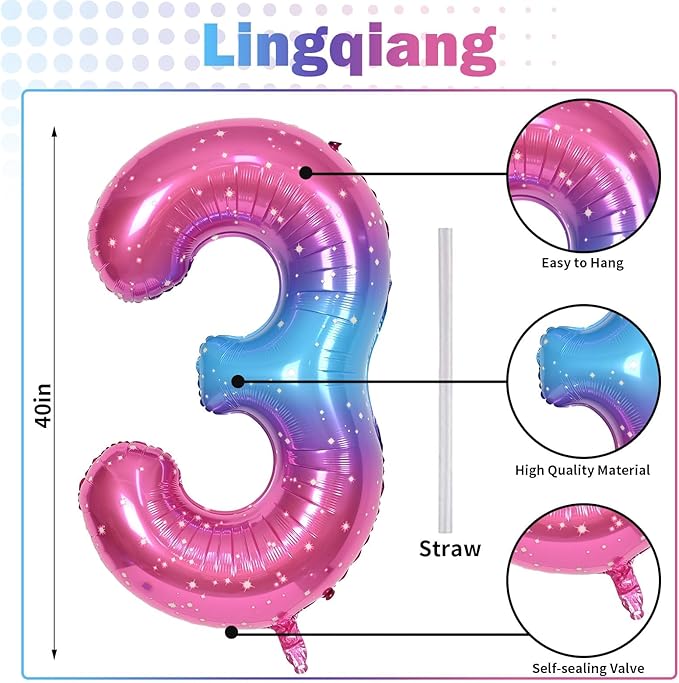 40 Inch Rainbow Large Numbers Balloons 3, Self Inflating Gradient Blue Pink - Image 2