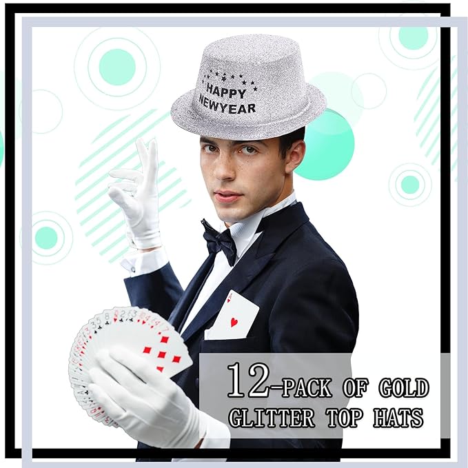 Hillban 12 Pcs Top Hats Halloween Glitter Plastic Retro Disco Party Hats - Image 4