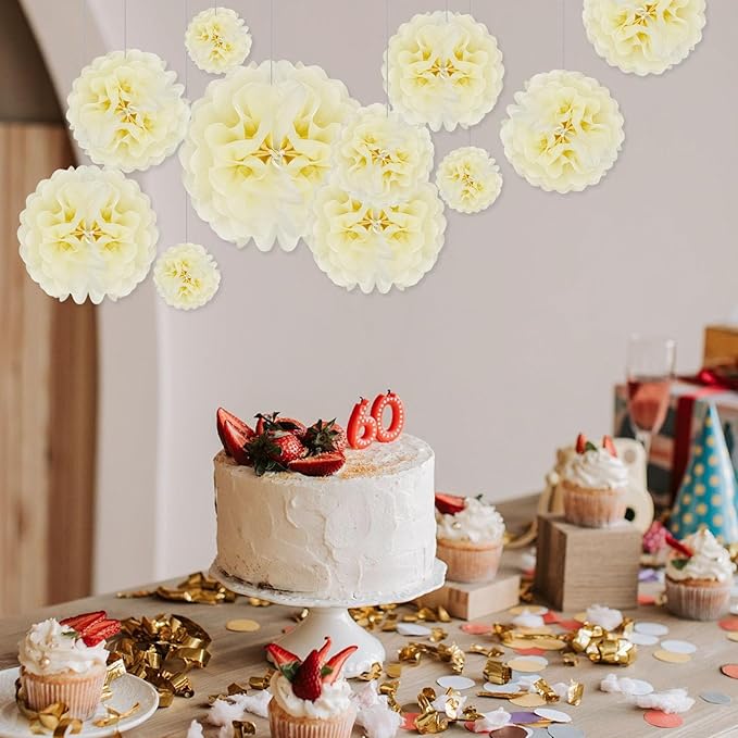Tissue Paper Pom Poms, Ivory Tissue Paper Flowers, Hanging Flower Balls - Image 3