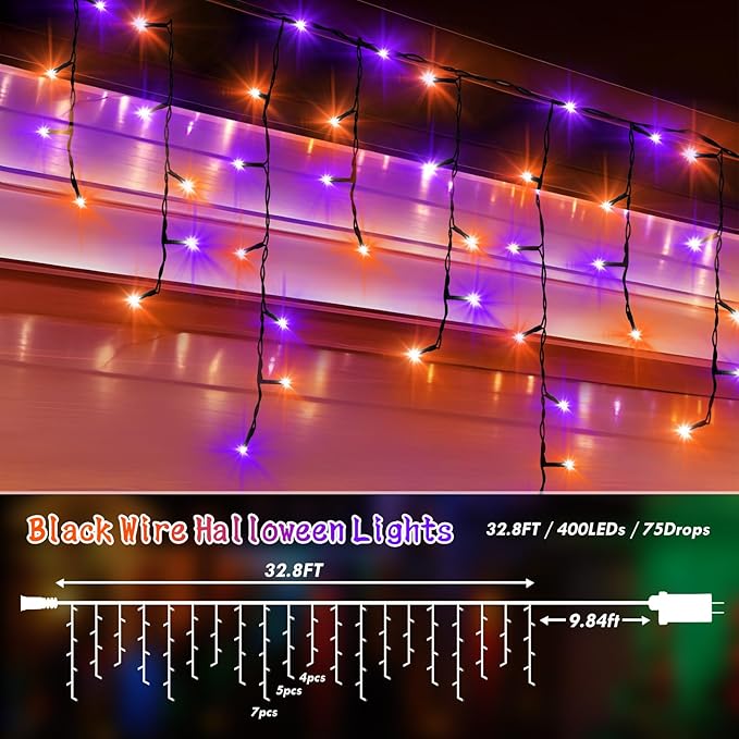 KNONEW 33FT 400 LED Orange Purple Halloween Lights Outdoor Black Wire String - Image 2