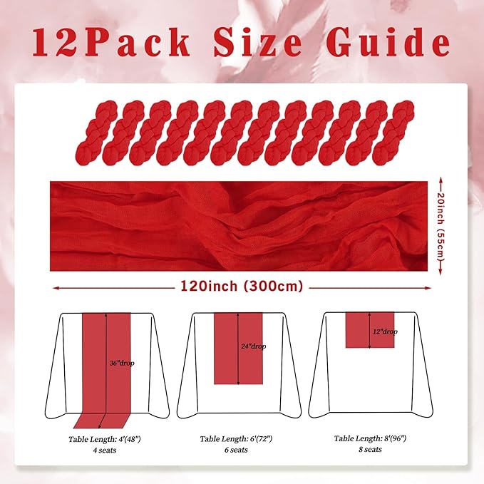 12 Pack Red 10FT Cheesecloth Table Runner Rustic Gauze Fabric Cheese Cloth - Image 2