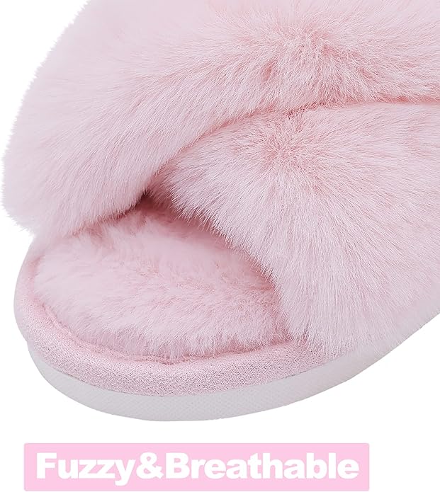 Evshine Women's Fuzzy Slippers Cross Band Memory Foam House Slippers Open Toe - Image 3