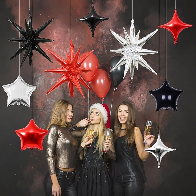 Star Balloons, 22in Red Black and Silver Star Balloons Foil 10in 4-Pointed & - Image 4